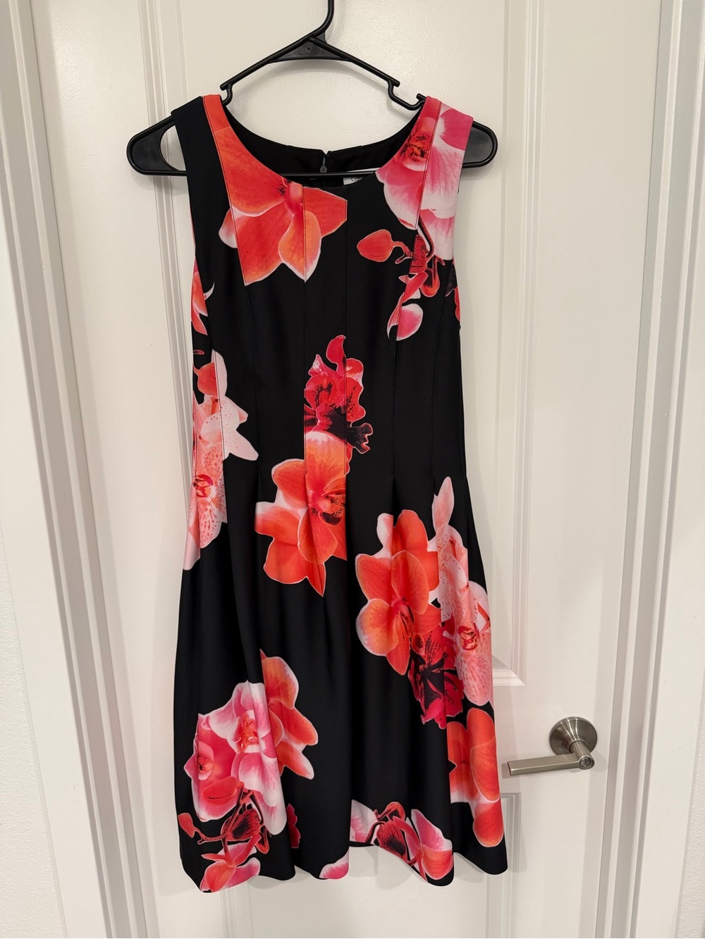 Calvin Klein Black Floral A-Line Dress with Red and Pink Blossoms